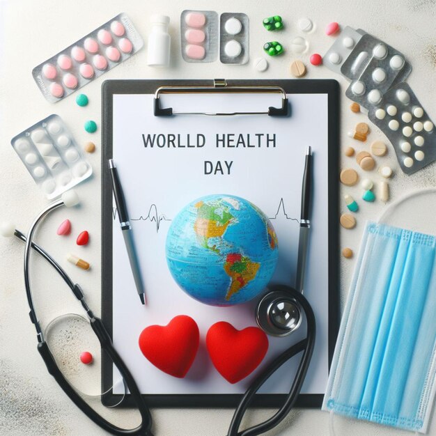 Giornata mondiale della salute Clipboard con stetoscopio Heart Planet Earth maschera medica e pillole in luce