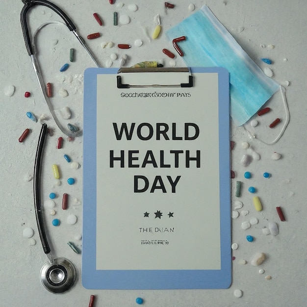 Giornata mondiale della salute Clipboard con stetoscopio Heart Planet Earth maschera medica e pillole in luce