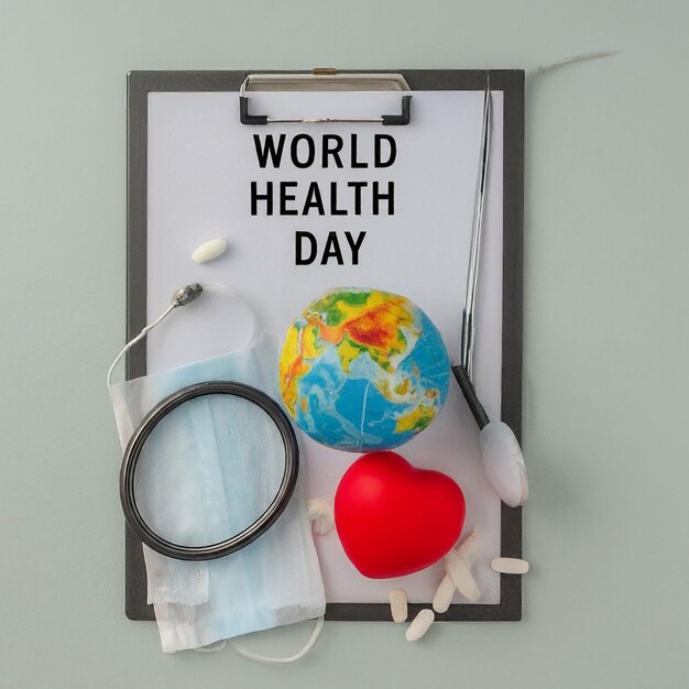 Giornata mondiale della salute Clipboard con stetoscopio Heart Planet Earth maschera medica e pillole in luce