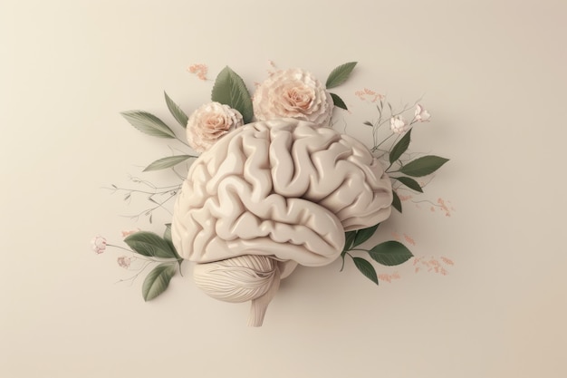 Giornata mondiale di sensibilizzazione sulla salute mentale Illustrazione di foglie e fiori del cervello umano