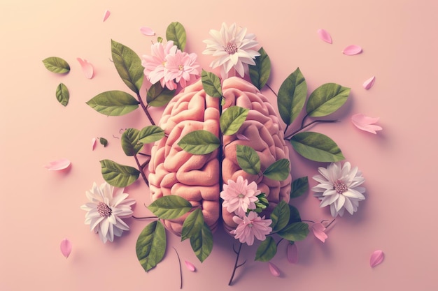 Giornata mondiale di sensibilizzazione sulla salute mentale Illustrazione di foglie e fiori del cervello umano