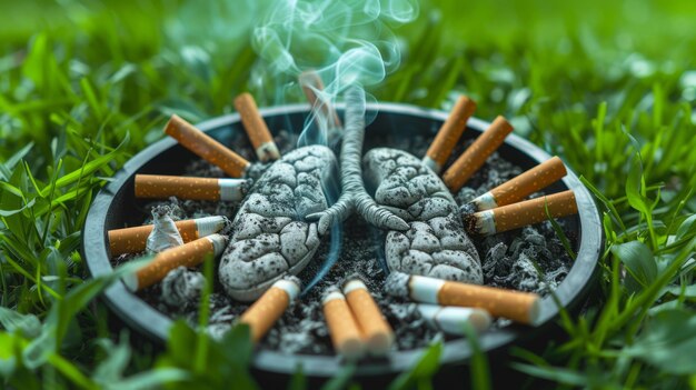 Giornata mondiale senza tabacco Prevenzione del fumo Polmoni e sigarette circondati da erba