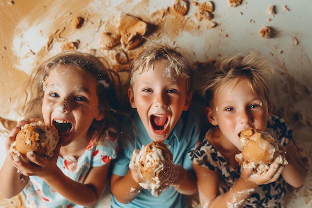 Giornata nazionale del gelato Tre bambini mangiano la pasta su un tavolo con uno di loro che mangia