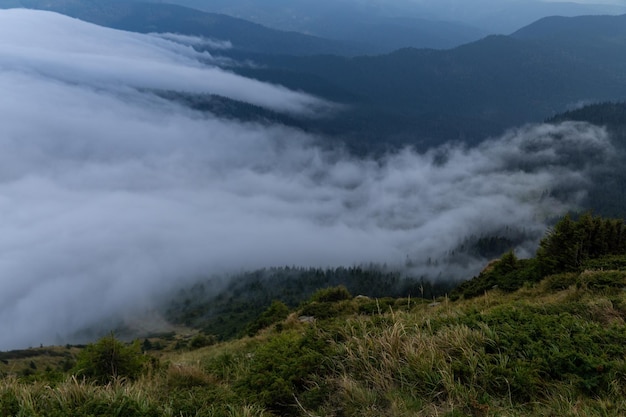 Giornata nebbiosa in montagna autunnale