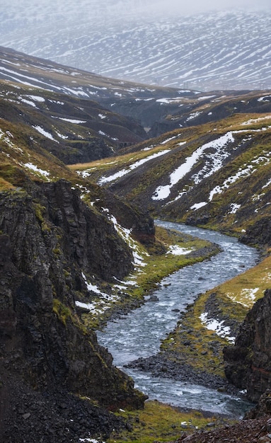 Giornata nuvolosa autunnale nel nord dell'Islanda Piccolo fiume che scorre attraverso il bellissimo canyon