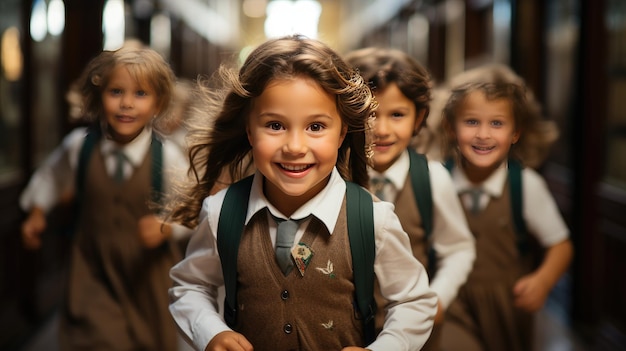 Giornate scolastiche gioiose Corsa energica dei bambini attraverso i corridoi