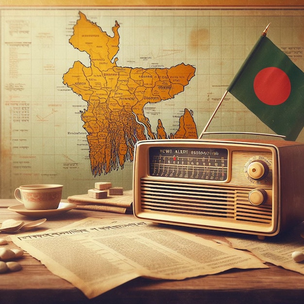 Giorni di guerra del Bangladesh con vecchia radio e bandiera con tema del giorno dell'indipendenza