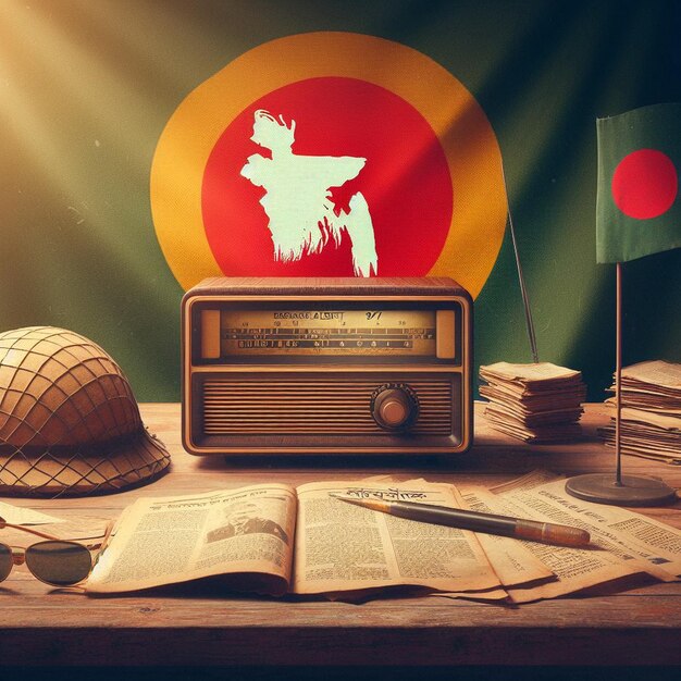 Giorni di guerra del Bangladesh con vecchia radio e bandiera con tema del giorno dell'indipendenza