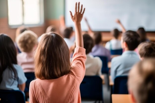 Giorno degli insegnanti Insegnante ispiratore davanti alla classe Studenti dedicati che alzano le mani in segno di partecipazione Il giorno degli insegnanti celebriamo coloro che modellano le menti e trasformano le vite