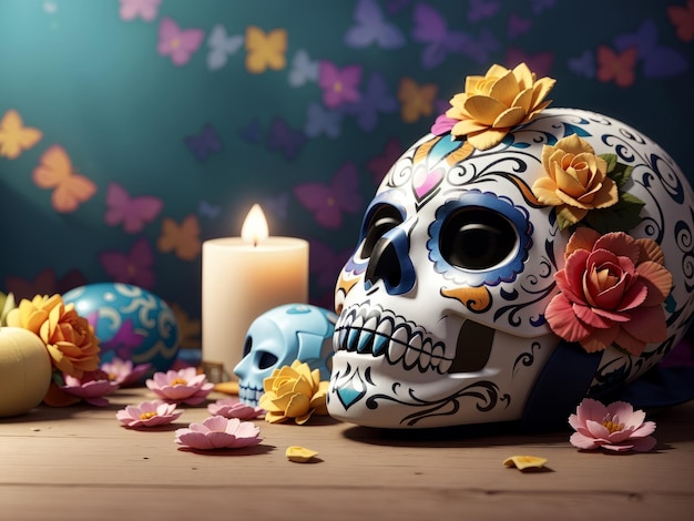 Giorno dei Morti Dia de los Muertos Festa messicana teschi di zucchero marigold fiori di ofrenda altare