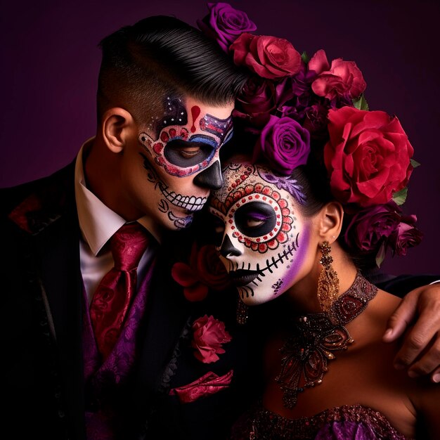 Giorno dei morti Nuovi sposati trucco messicano vibrante su sfondo magenta scuro