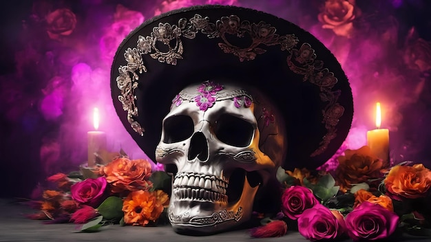 Giorno dei morti o dia de muertos Teschio 3D con fiori Generato con l'intelligenza artificiale