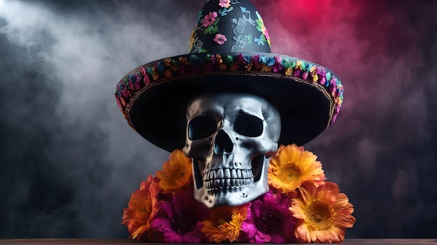 Giorno dei morti o dia de muertos Teschio 3D con fiori Generato con l'intelligenza artificiale