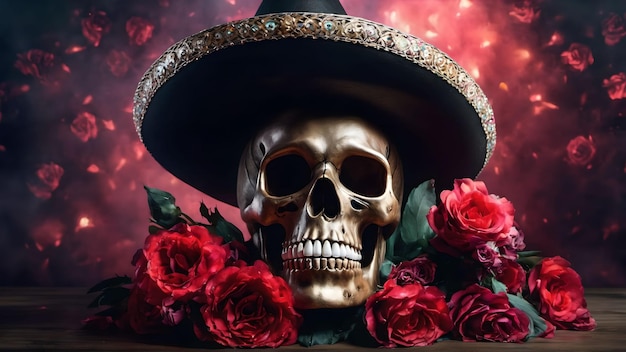 Giorno dei morti o dia de muertos Teschio 3D con fiori Generato con l'intelligenza artificiale