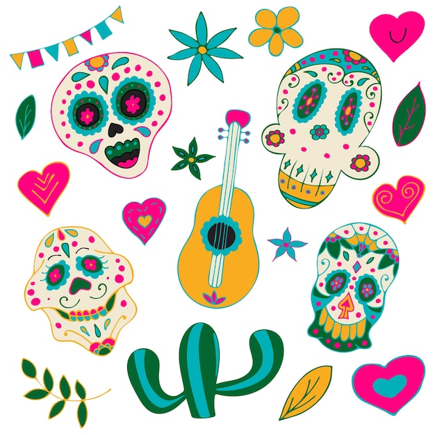 Giorno dei morti pacchetto adesivo stampabile dia de los muertos teschi di zucchero con colorato messicano