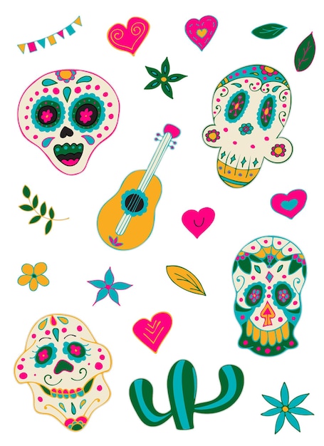 Giorno dei morti pacchetto adesivo stampabile dia de los muertos teschi di zucchero con colorato messicano