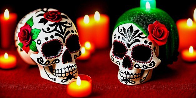 Giorno dei Morti Per il Giorno dei Morti messicano, il teschio umano dipinto di El Dia de Muertos è esposto con fiori su un tavolo scuro Banner di design IA generativa