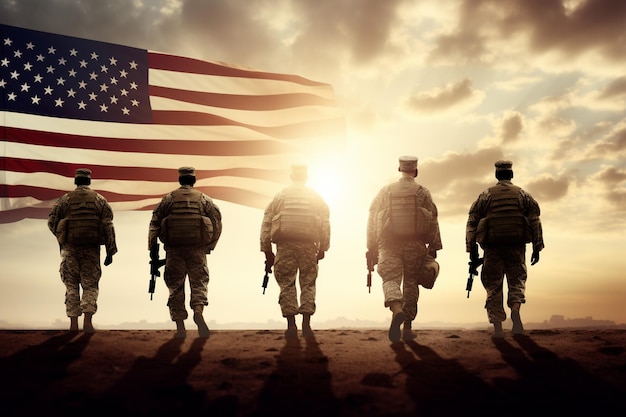 Giorno dei veterani con i soldati e la bandiera americana