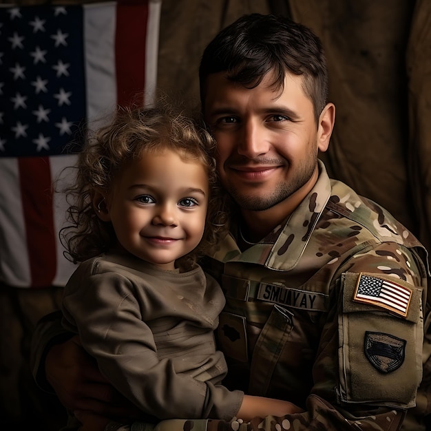 Giorno dei Veterani Il padre militare abbraccia il figlio Ritratto di una felice famiglia americana che si concentra sulla schiena del padre