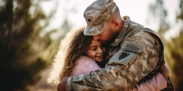 Giorno dei veterani negli Stati Uniti riunione militare affettuosa tra padre e figlia
