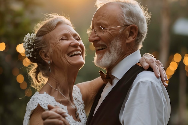 Giorno del matrimonio primo ballo con vecchio e signora anziana ballando insieme e divertendosi con l'amore persone anziane matrimonio e stile di vita giovanile marito e moglie maturi attività di svago all'aperto insieme