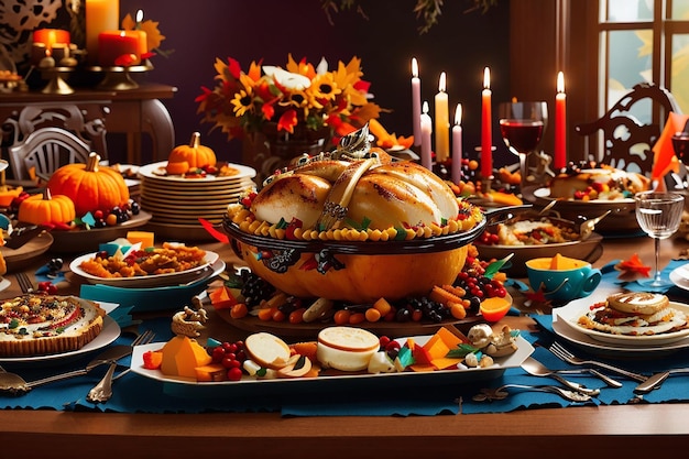 Giorno del ringraziamento frutta arrostita tacchino servito sulla tavola 23 novembre Generativo Ai