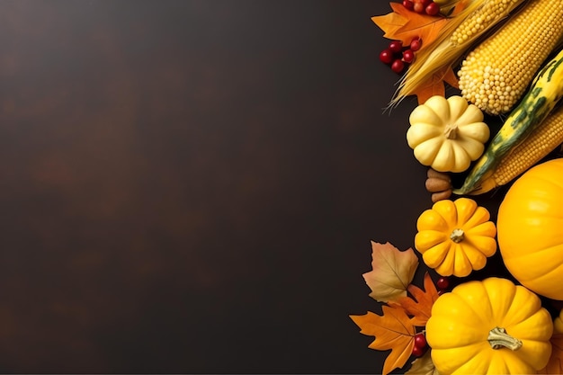 Giorno del Ringraziamento o composizione autunnale con foglie di zucca e arance o cibo di pollo per il Ringraziamento