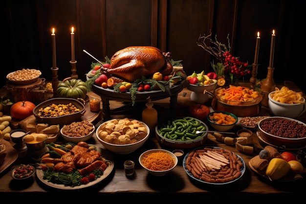 Giorno del Ringraziamento o composizione autunnale con foglie di zucca e arance o cibo di pollo per il Ringraziamento