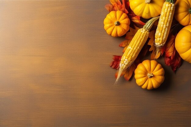 Giorno del Ringraziamento o composizione autunnale con foglie di zucca e arance o cibo di pollo per il Ringraziamento