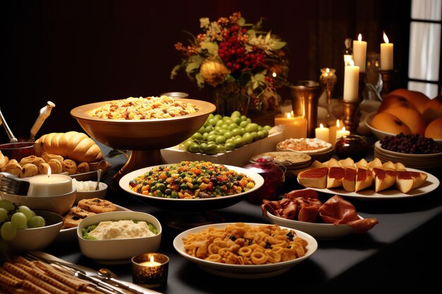Giorno del Ringraziamento o composizione autunnale con foglie di zucca e arance o cibo di pollo per il Ringraziamento