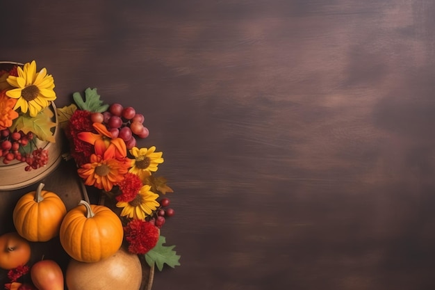 Giorno del Ringraziamento o composizione autunnale con foglie di zucca e arance o cibo di pollo per il Ringraziamento