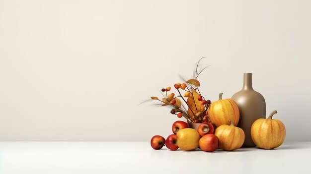 Giorno del Ringraziamento o composizione autunnale con foglie di zucca e arance o cibo di pollo per il Ringraziamento