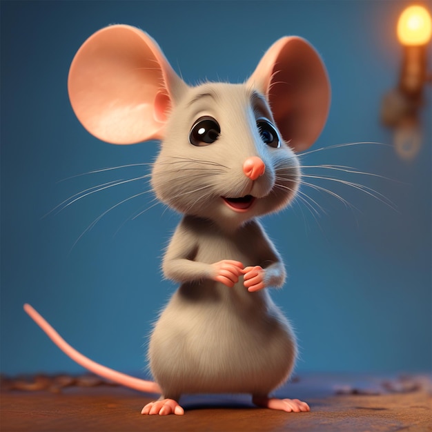 Giorno del sorriso mondiale Giorno degli animali Stile Pixar Piccolo topo carino Illuminazione drammatica antropomorfa 8k Portr