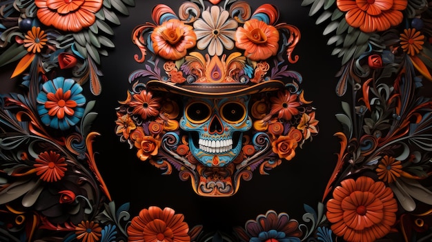 Giorno del teschio di zucchero morto con design del poster del cappello illustrazione di sfondo floreale