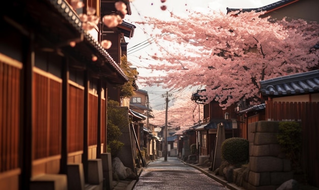 Giorno del tramonto in un villaggio giapponese con fiori di sakura