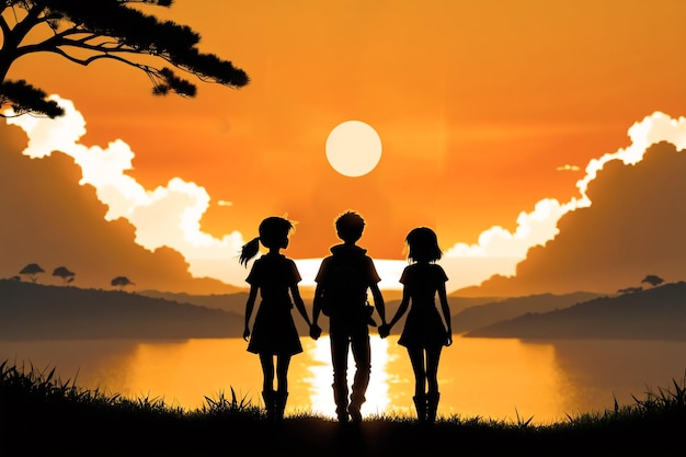 Giorno dell'amicizia abbracciare tre amici nella silhouette del tramonto godendo del sole orizzontale rosso-arancione
