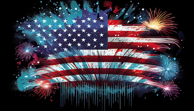 Giorno dell'indipendenza tempo per la rivoluzione 4 luglio bandiera americana con fuochi d'artificio