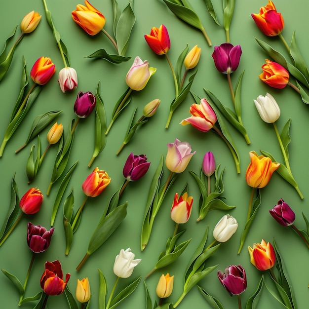 Giorno della donna o sfondo di Pasqua vista superiore di tulipani primaverili colorati sul design del biglietto di auguri verde