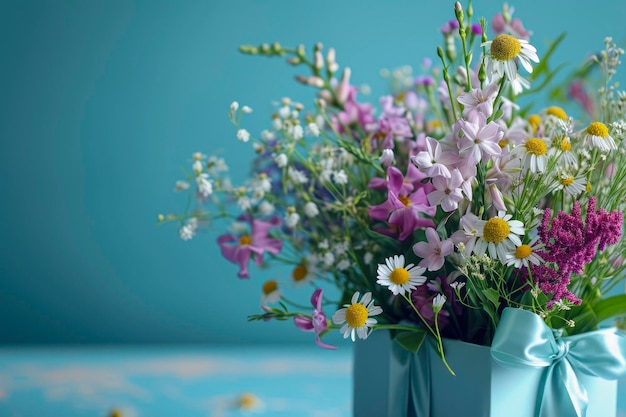 giorno della donna un bouquet di bellissimi fiori selvatici una bella composizione floreale in una scatola regalo su un delicato sfondo blu