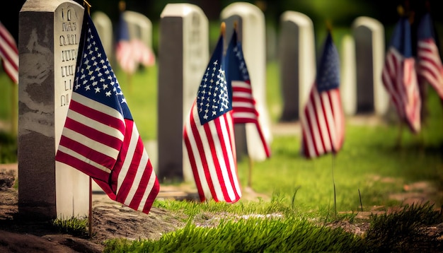Giorno della memoria bandiere americane sulle tombe di Ameri ai immagine generata