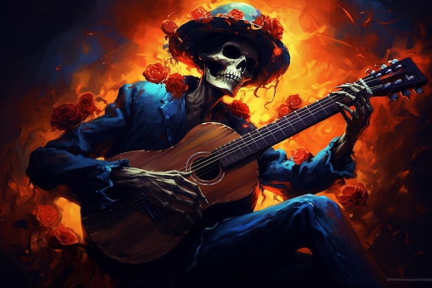 giorno della musica dei morti realistico con uno scheletro che tiene una chitarra nello stile di atmosfera luminosa