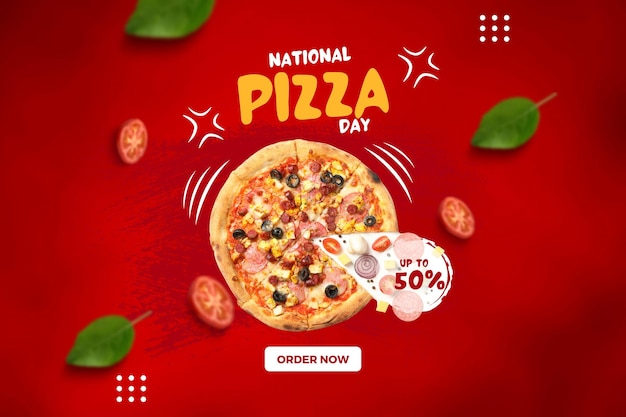 Giorno della pizza una pizza con un annuncio su uno sfondo rosso