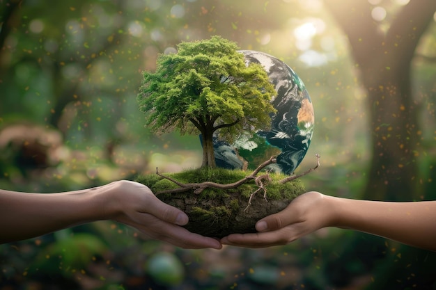 Giorno della Terra Le mani umane tengono l'albero e il globo sulla foresta