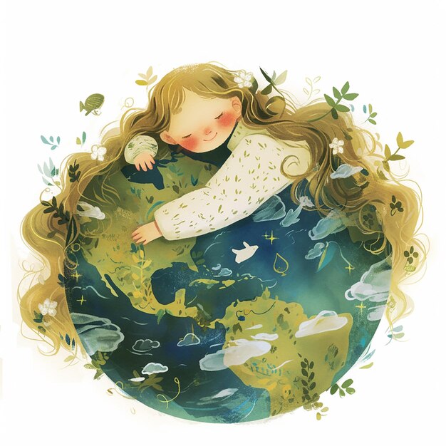 Giorno della Terra Una ragazza sta dormendo su un globo con uno sfondo verde e blu Il globo è circondato da alberi e fiori