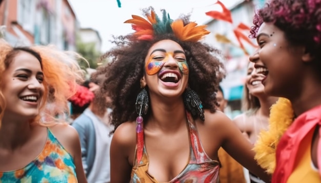 Giorno di carnevale in Brasile donna e amici che ballano in strada Generative ai