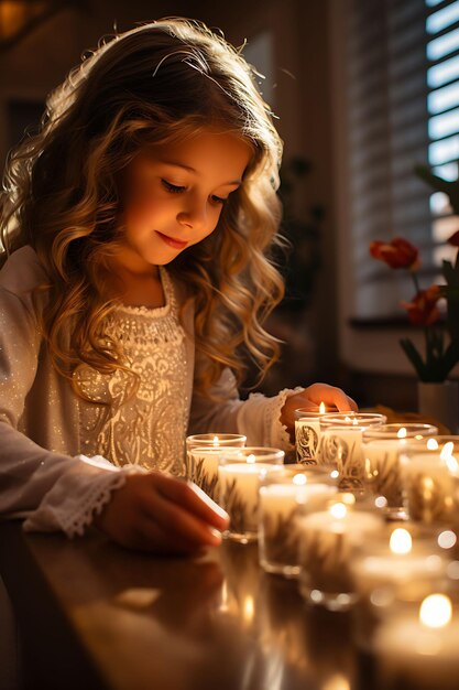 Giorno di Hanukkah Celebrare la Festa delle Luci Decorazioni Menore Dreidel e immagini di famiglia