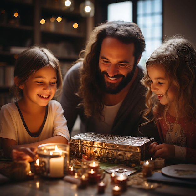 Giorno di Hanukkah Festeggia il Festival delle luci, decorazioni, menorah, dreidel e immagini di famiglia