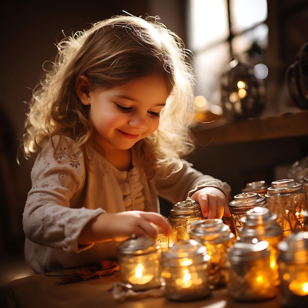 Giorno di Hanukkah Festeggia il Festival delle luci, decorazioni, menorah, dreidel e immagini di famiglia