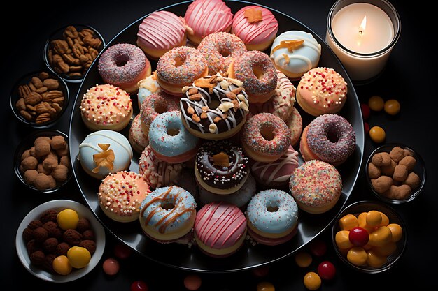 Giorno di Hanukkah Festeggia il Festival delle luci, decorazioni, menorah, dreidel e immagini di famiglia