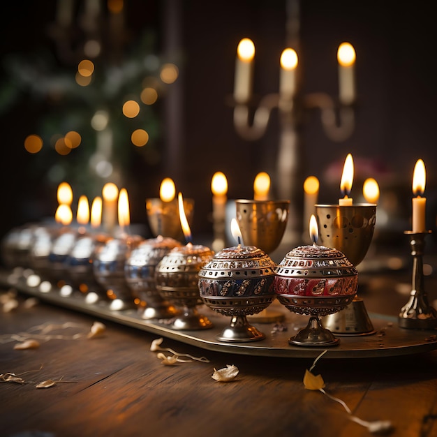 Giorno di Hanukkah Festeggia il Festival delle luci, decorazioni, menorah, dreidel e immagini di famiglia